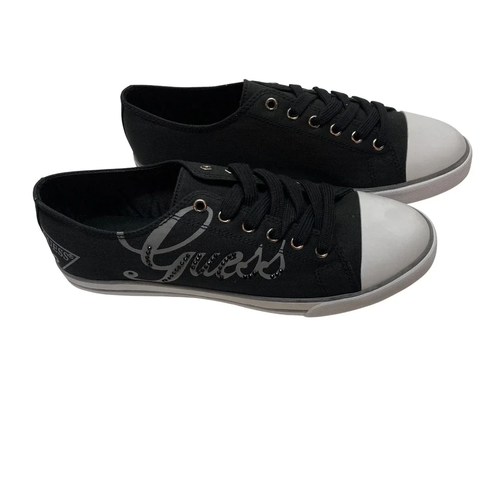 Guess Womens Black Canvas Rhinestone Logo Low Top Sneakers White Toe Cap 10 NIB‎